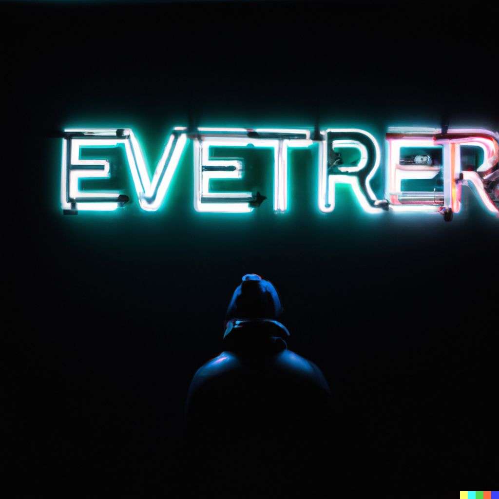 someone gazing at Mount Everest, neon sign on a black wall